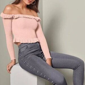 Women's Venus Off-the-shoulder crop Pink Sweater with Ruffles Size M